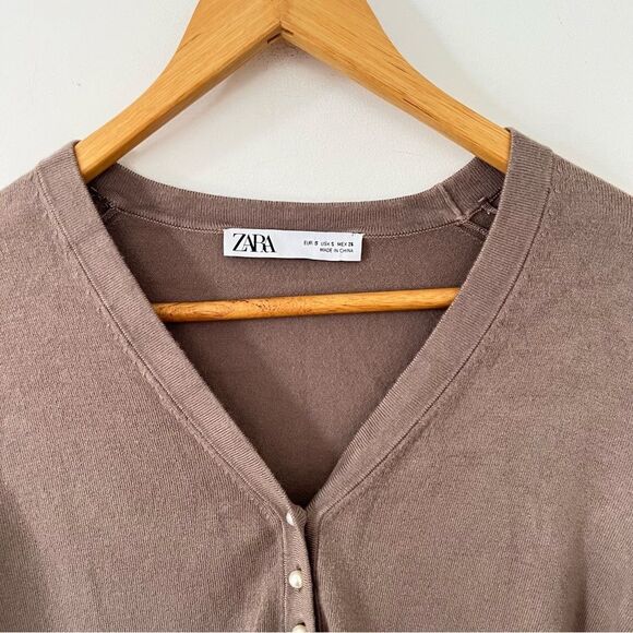 Zara Taupe Half Peal Button Placket Pull-Over Long Sleeve Sweater - Picture 4 of 6